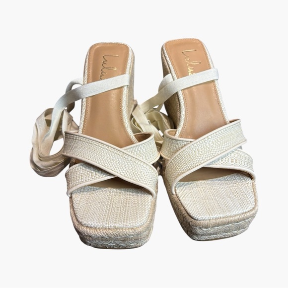Lulus Robynne Natural Raffia Lace-Up Platform Wedges Size 9 - Picture 5 of 9